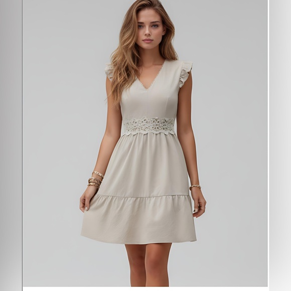 Beige Guipure Lace Insert Ruffle Hem Dress - Picture 1 of 7